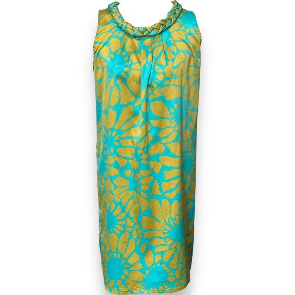 Tracy Negoshian Aqua Chartreuse Flower Satin Sleeveless Shift Dress Size MEDIUM - Picture 3 of 12